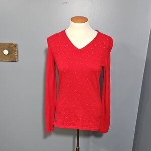 Tommy Hilfiger, Red, Studded, V-neck, Sweater, Pull Over, Cotton, Classic, Sz SP
